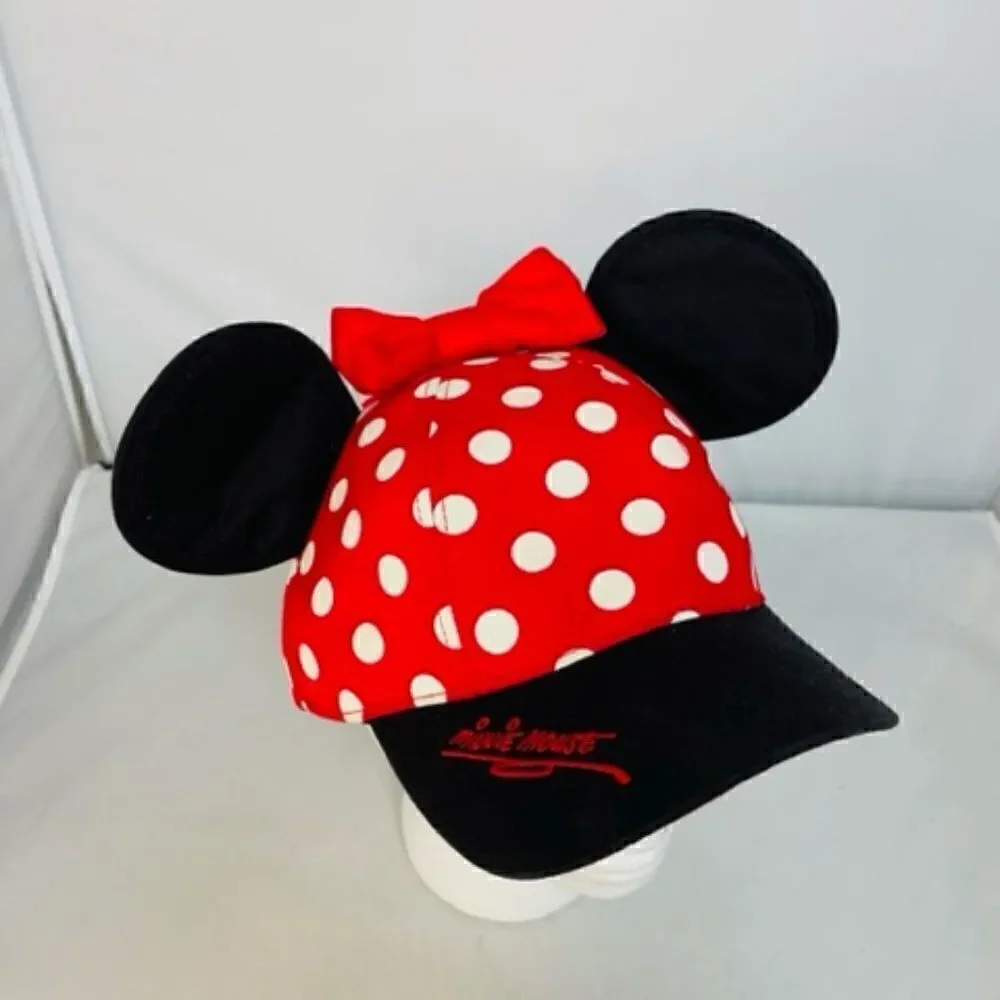 Disney Minnie Mouse Polka Dot Baseball Hat Cap Bow W/ Ears Red Black White Youth